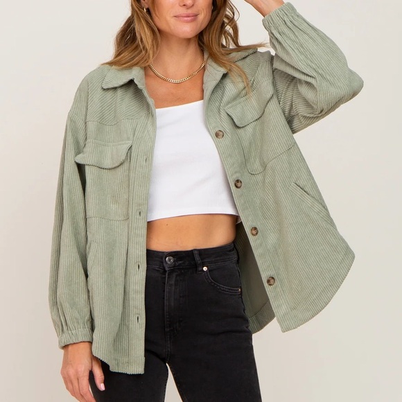 Pinkblush Sage Corduroy Front Pocket Shacket - Picture 4 of 7